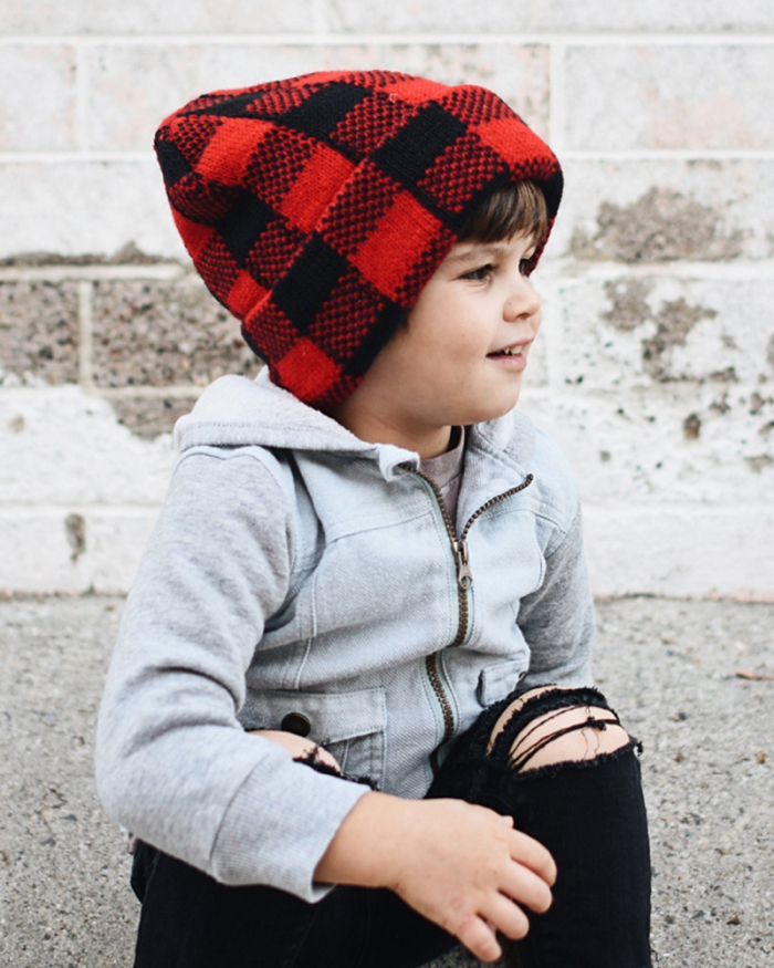 Winter Familar Mom& Kids Black Red Grid Knit Warm Hat Red Adult Kids