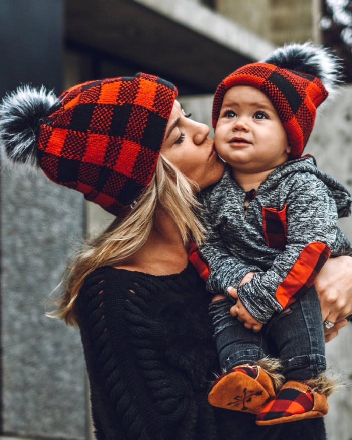 Winter Familar Mom& Kids Black Red Grid Knit Warm Hat Red Adult Kids