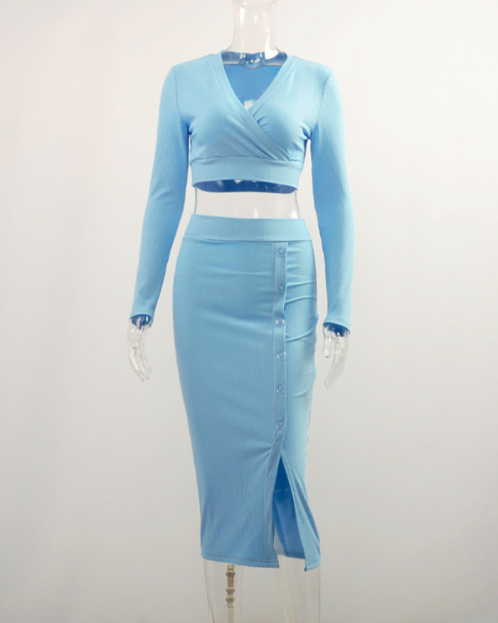 Women V Neck Long Sleeve Slit Solid Color High Waist Skirt Two-piece Sets White Blue Purple S-L