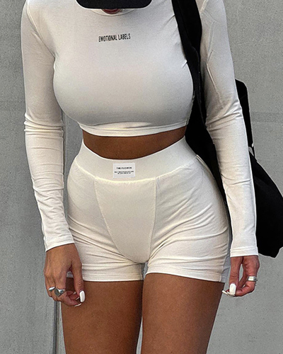 Fashion Knit Long Sleeve Crop Tops High Waist Shorts Two Piece Sets Black White S-L