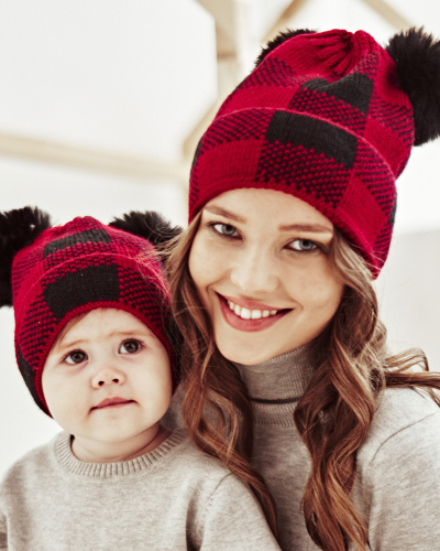 Mom& Kids Red White Grid Christmas Knit Hairball Hats