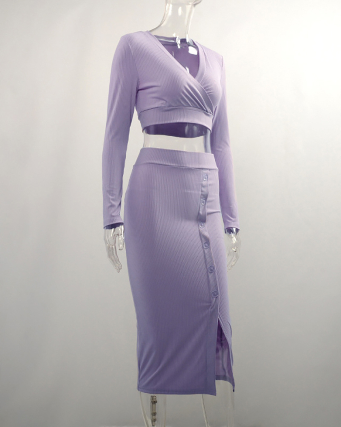 Women V Neck Long Sleeve Slit Solid Color High Waist Skirt Two-piece Sets White Blue Purple S-L