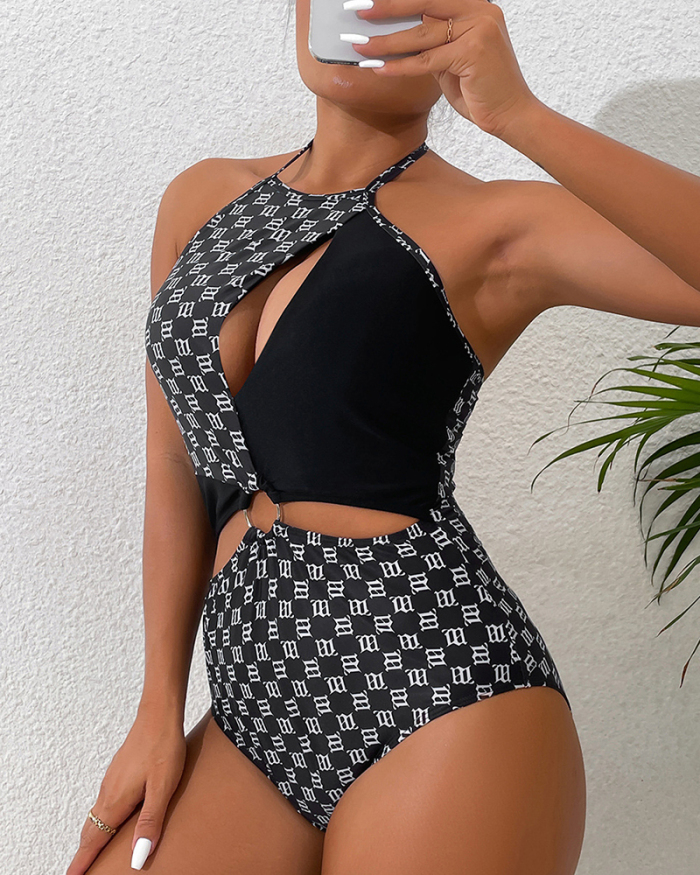 Women Hollow Out High Waist Colorblock Printed One-piece Swimsuit Black S-L