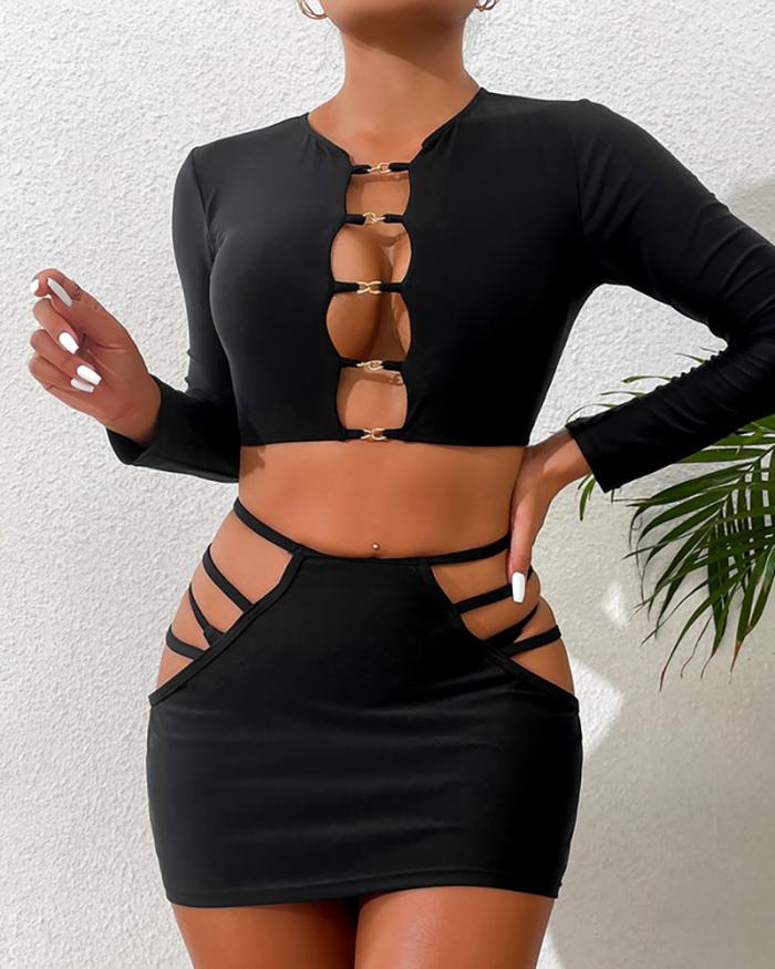 Sexy Hollow Out Long Sleeve Three-piece Swimsuit Black S-L