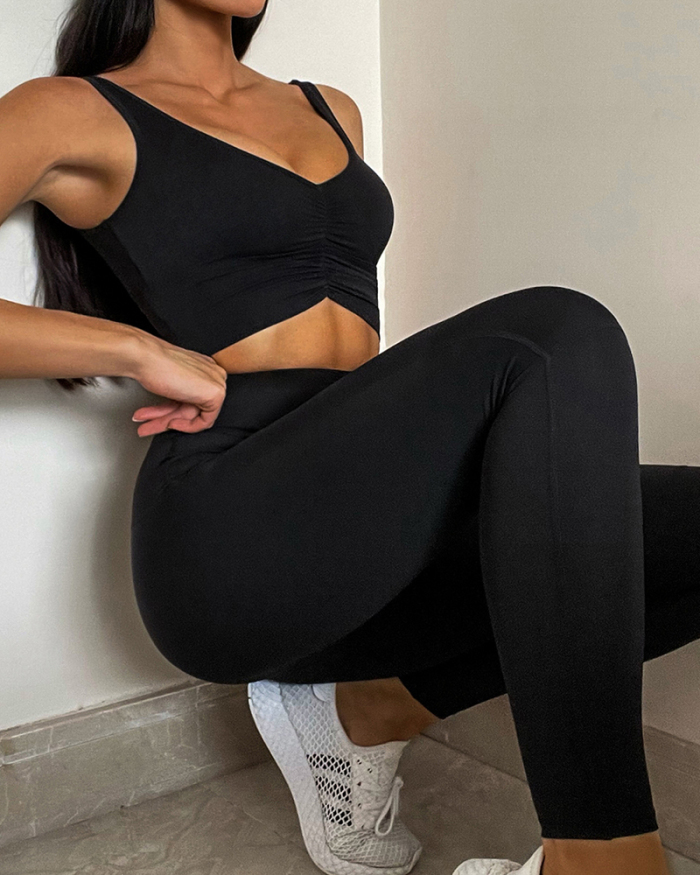 Women Ruched Bra Pocket Gym Active Wear Yoga Two-piece Sets S-L