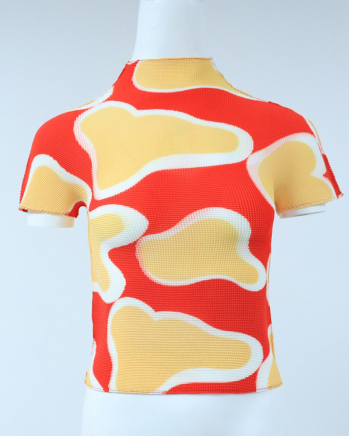 Hot Sale Printed Half High Neck Short Sleeve Printed T-shirt Black Red One Size