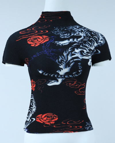 Hot Sale Printed Half High Neck Short Sleeve Printed T-shirt Black Red One Size