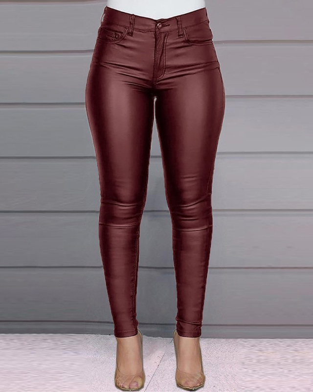 Sexy Slim Women Solid Color PU Pants Black Blue Wine Red S-3XL