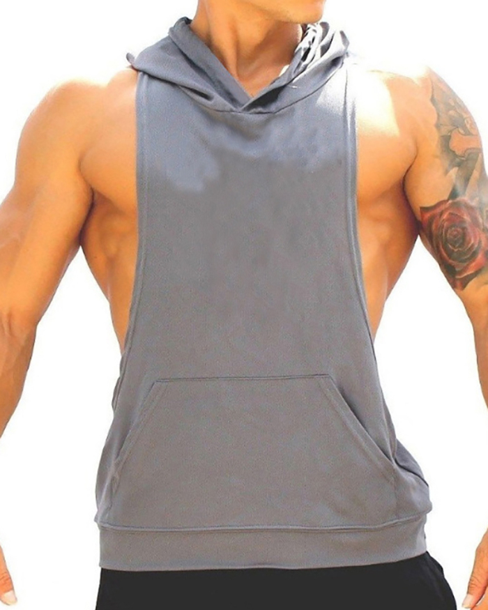 Sports Men's Sleeveless Hooded Solid Color Vest Black Gray Red Yellow Blue Green M-2XL