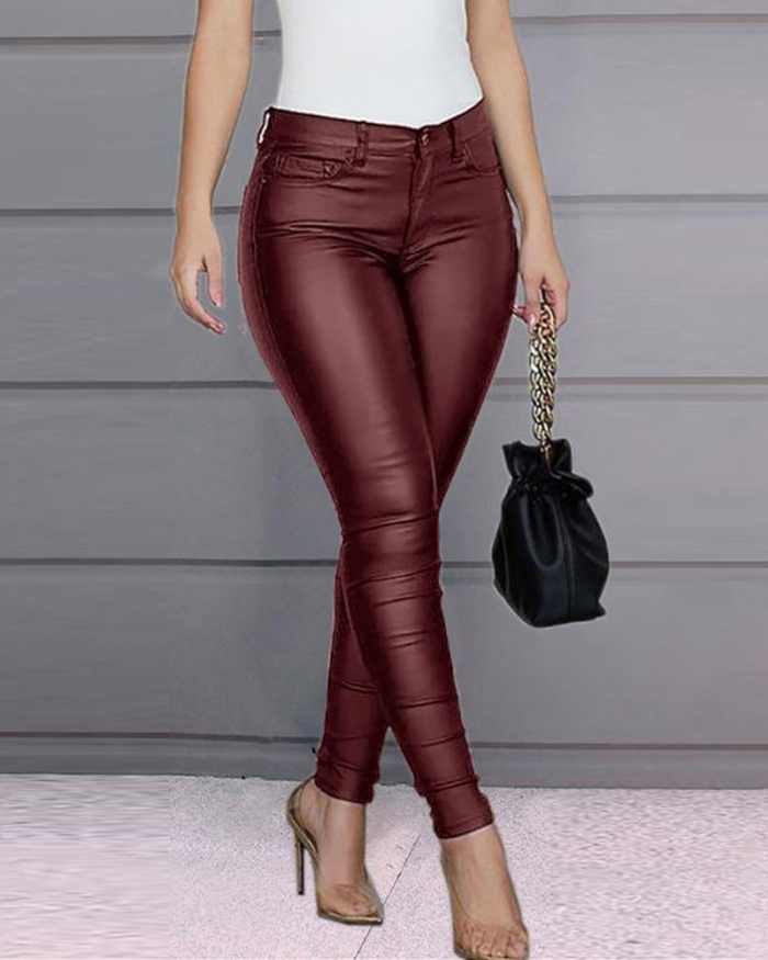Sexy Slim Women Solid Color PU Pants Black Blue Wine Red S-3XL