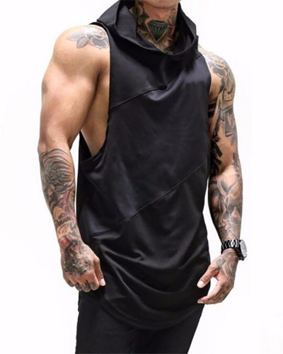 Men's Solid Color Three Patchwork Hooded Sports Vest M-XXL