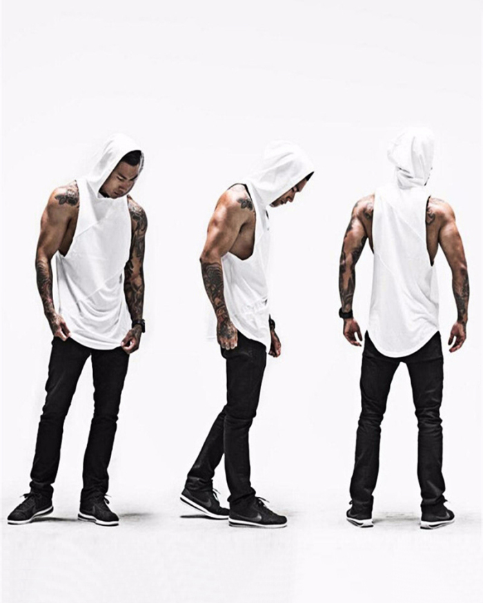 Men's Solid Color Three Patchwork Hooded Sports Vest M-XXL