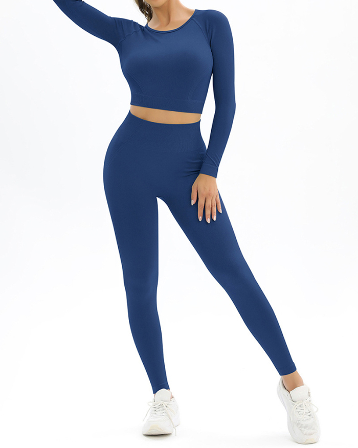 Long Sleeve Solid Color Backless Yoga Two-piece Set S-L