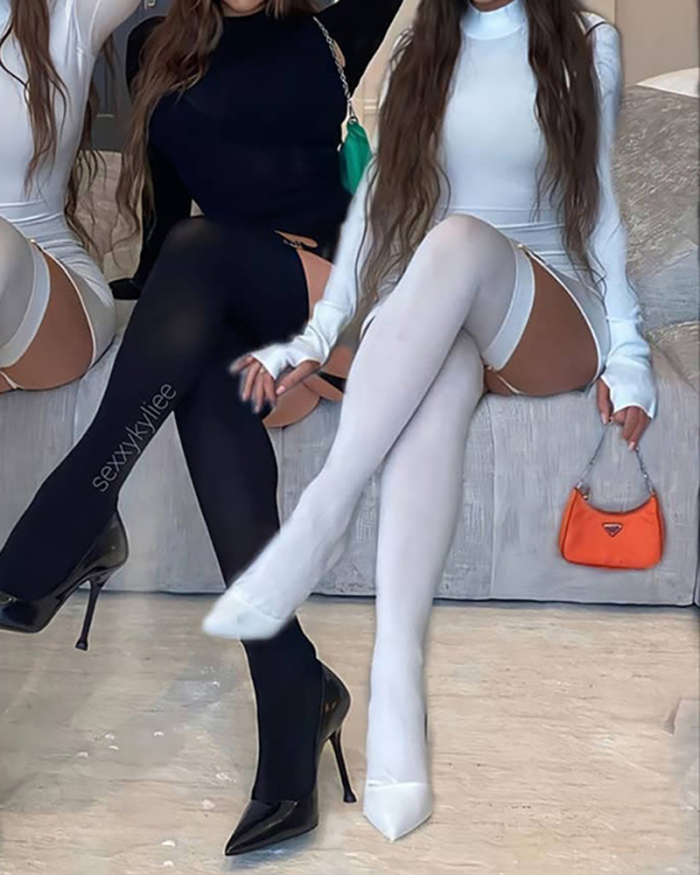 Women Long Sleeve Solid Color High Neck Skirt Sets Two Pieces Outfit Black White S-XL (With Stockings)