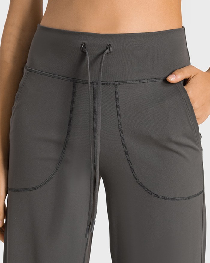 Women Drawstrap Wide Leg Pocket Yoga Bottoms Pants Green Black Gray Brown 4-12