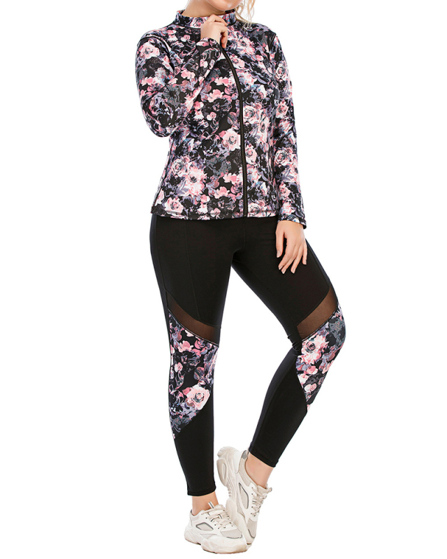 Women Flower Printed Long Sleeve Coat Slim Patchwork Leggings Plus Size Yoga Sets L-3XL
