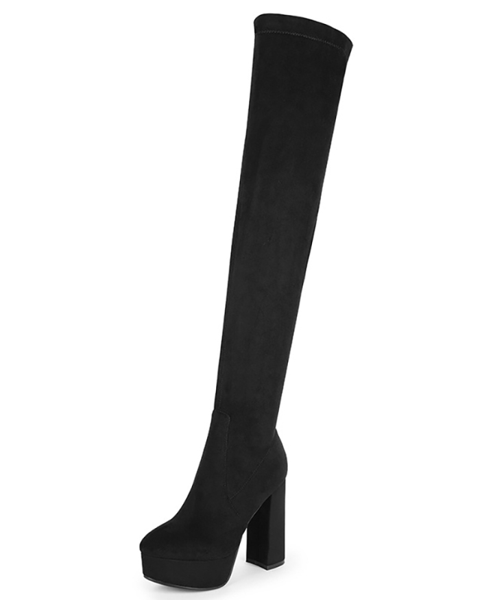 Fashion PU Velvet Over The Knee High Heel Women Boots Black 34-42