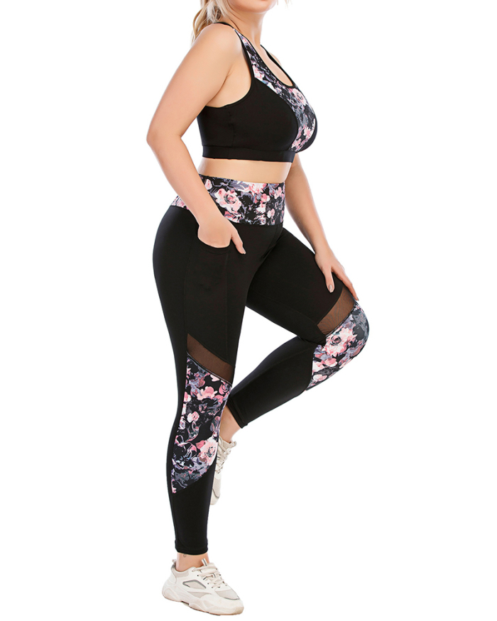 Women Flower Printed Long Sleeve Coat Slim Patchwork Leggings Plus Size Yoga Sets L-3XL