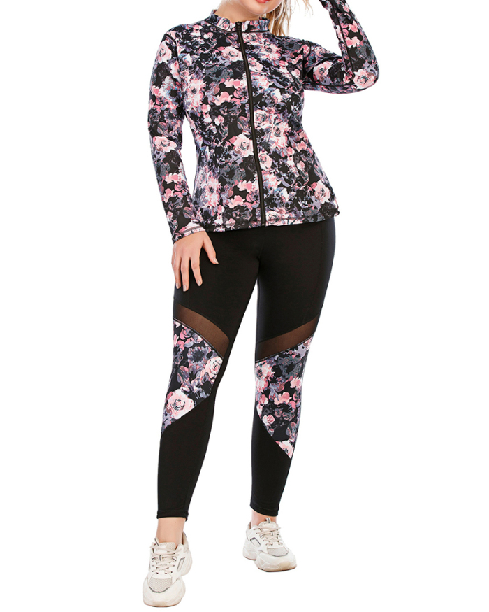 Women Flower Printed Long Sleeve Coat Slim Patchwork Leggings Plus Size Yoga Sets L-3XL