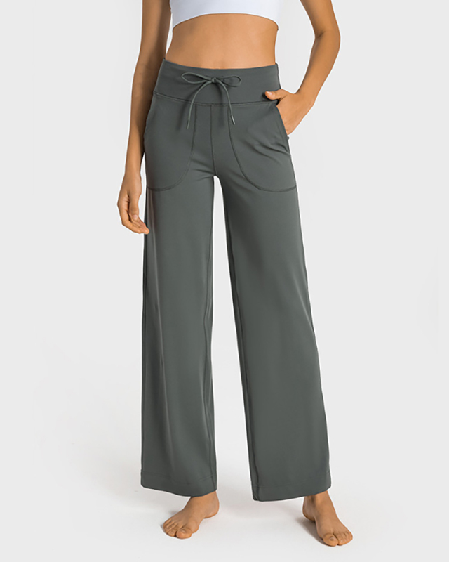 Women Drawstrap Wide Leg Pocket Yoga Bottoms Pants Green Black Gray Brown 4-12