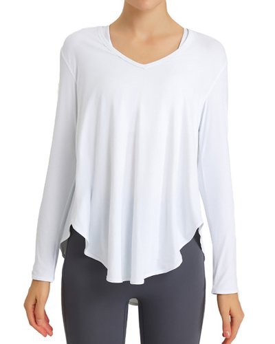 Soft V Neck Breathable Loose Confortable Fabric Solid Color Long Sleeve Sports T-shirt 4-12