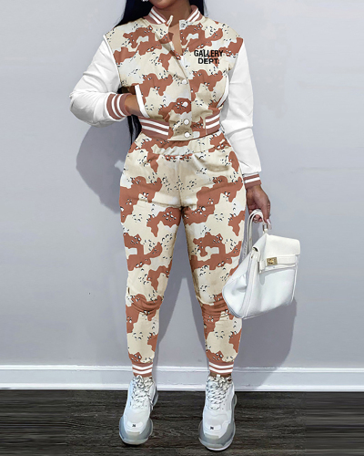 Fashion Long Sleeve Hot Sale Camo Colorblock Pants Sets Two Pieces Outfit S-2XL