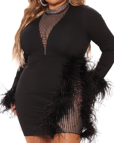 Hot Sale Short Feather Party Long Sleeve Mesh Plus Size Dresses Black White XL-5XL