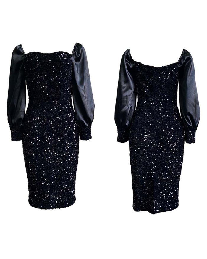 Women Sequin Long Puffy Sleeve Party Dress Square Collar Bodycon Dresses Black S-3XL