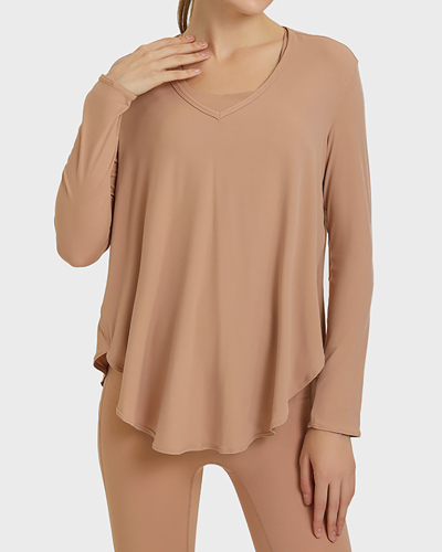 Soft V Neck Breathable Loose Confortable Fabric Solid Color Long Sleeve Sports T-shirt 4-12