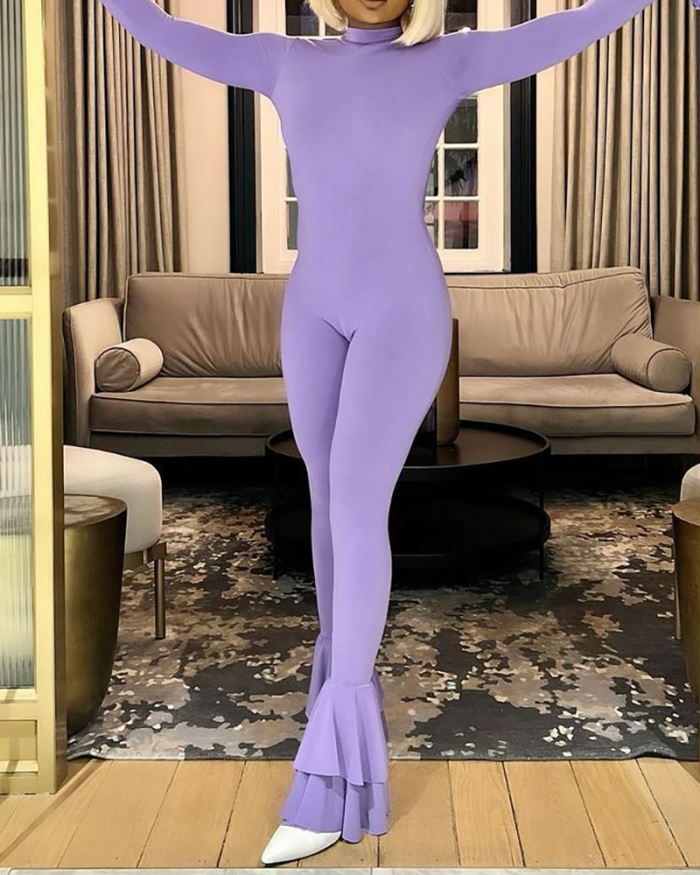 Ruffle Sleeve Women Solid Color Wholesale Jumpsuit S-XL
