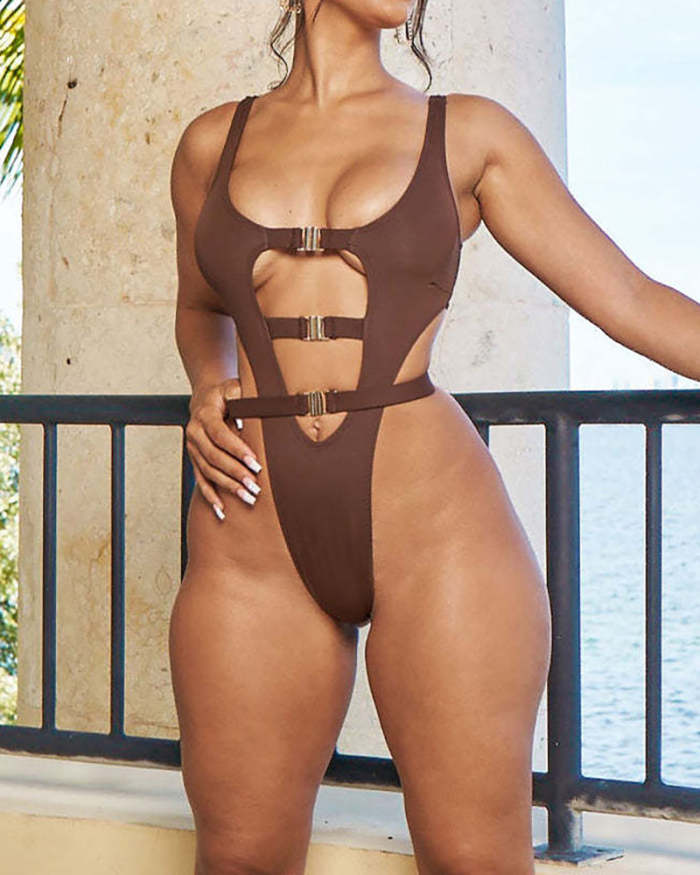 Sexy Strappy Hollow Out High Cut One-piece Swimsuit Purple Green Coffee S-XL
