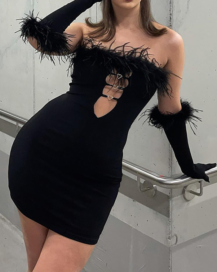 Women Hollow Out Long Sleeve Feather High Waist Mini Bodycon Dresses Black S-L