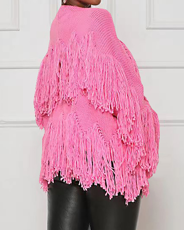 Women Tassel Fashion Long Sleeve Knit Cardigans Black Orange Pink Green Yellow S-2XL