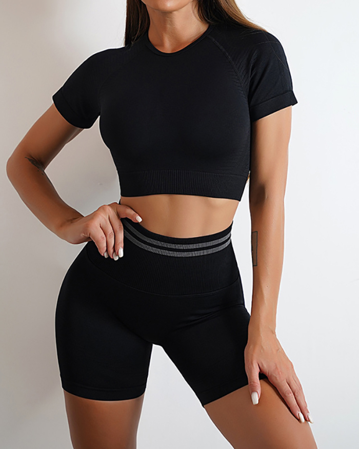 Popular Ruched Outside Sports Short Sleeve Shorts Yoga Two-piece Sets S-L