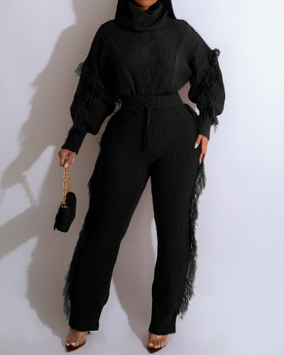 Women High Neck Long Sleeve Tassels Sweater Pants Sets Two Pieces Outfit Black Rosy Coffee Gray Apricot S-2XL