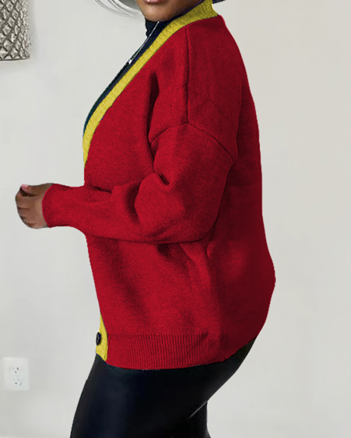 New Hot Sale Colorblock Long Sleeve Cardigans Black Orange Green Gray Red S-2XL