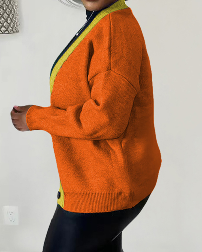 New Hot Sale Colorblock Long Sleeve Cardigans Black Orange Green Gray Red S-2XL