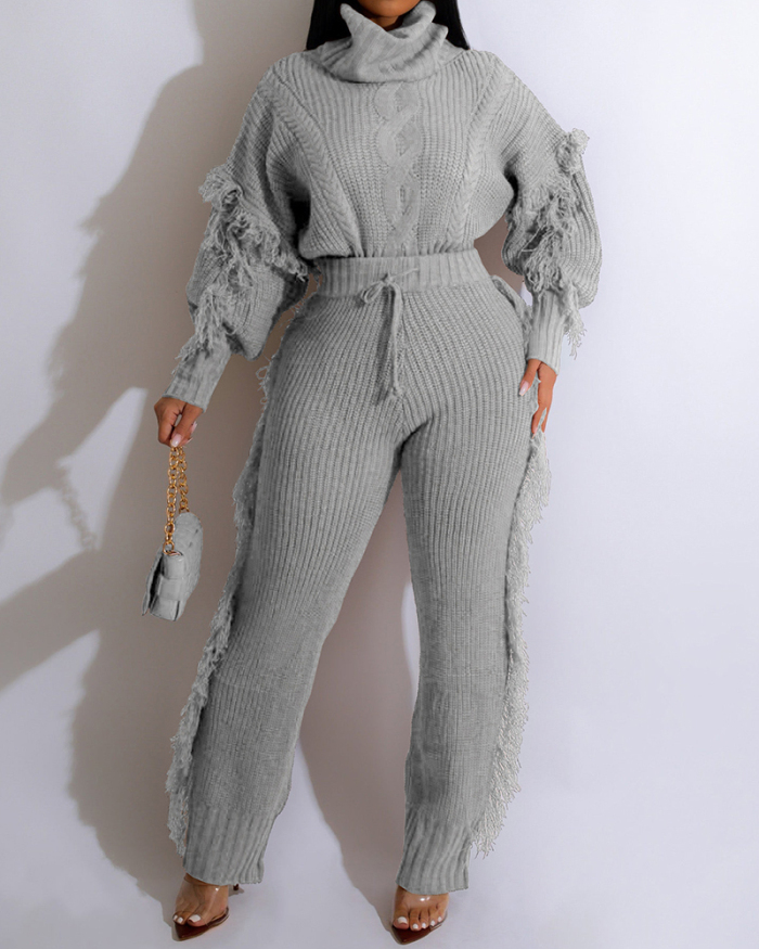 Women High Neck Long Sleeve Tassels Sweater Pants Sets Two Pieces Outfit Black Rosy Coffee Gray Apricot S-2XL
