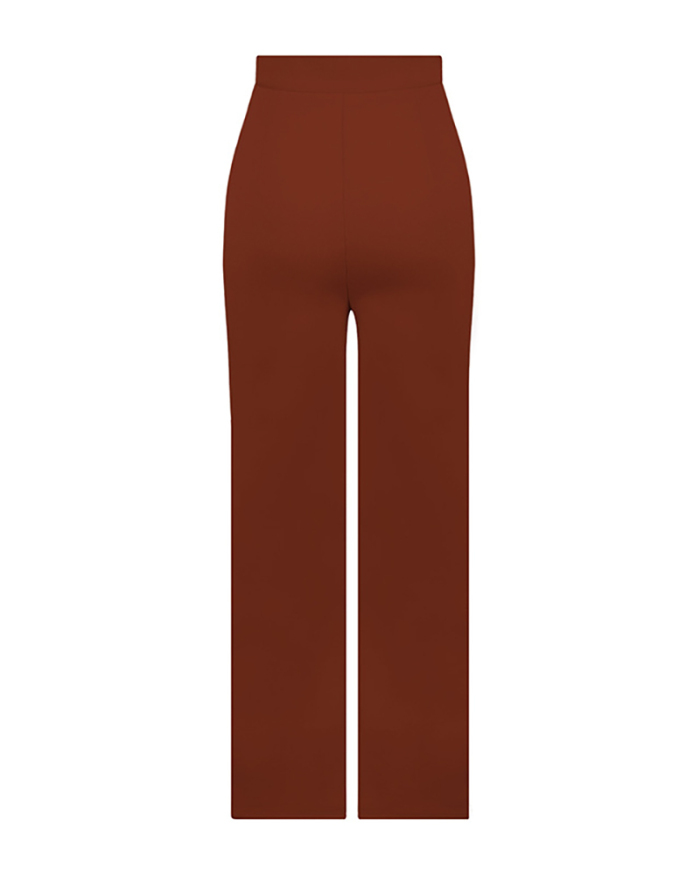 Elegant Women High Wasit Wide Leg Suit Pants Khaki Black Brown Red S-XL