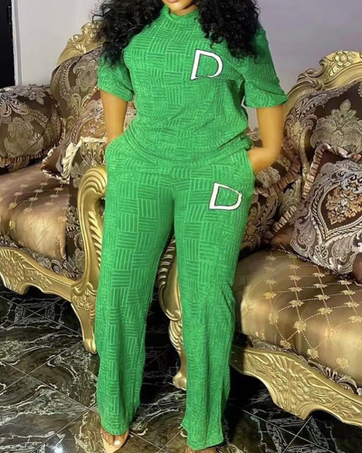 Women Short Sleeve D Printed Casual Wear Pants Sets Two pieces Suit Green Orange M-XL