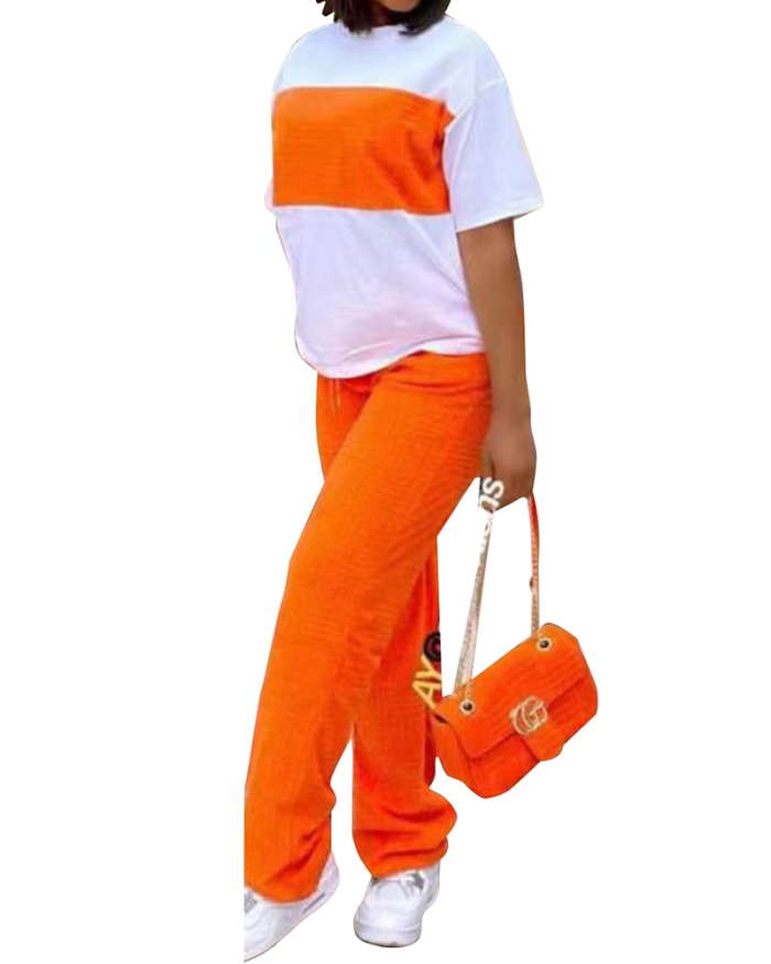 Women Colorblock Short Sleeve T-shirts Wide Leg Fashion Pants Sets Two Pieces Outfit Pink Green Orange M-XL