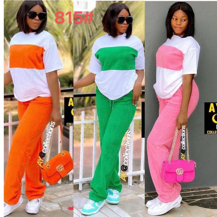 Women Colorblock Short Sleeve T-shirts Wide Leg Fashion Pants Sets Two Pieces Outfit Pink Green Orange M-XL