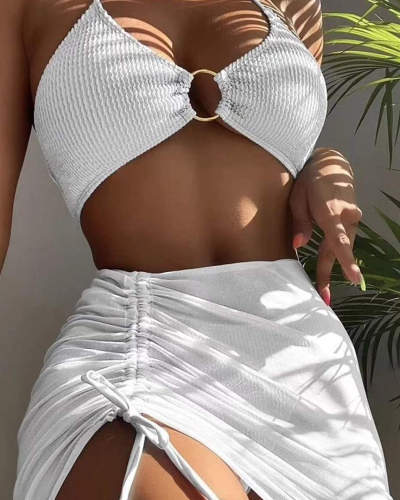 Women Solid Color Sexy Halter Neck Drawsting Skirt High Waist Thong Three-piece Swimsuit S-XL