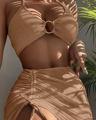 Women Solid Color Sexy Halter Neck Drawsting Skirt High Waist Thong Three-piece Swimsuit S-XL