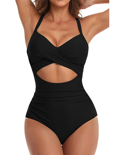 Women Halter Neck Strappy Ruched One-piece Swimsuit Black Blue Wine Red Rosy S-XL