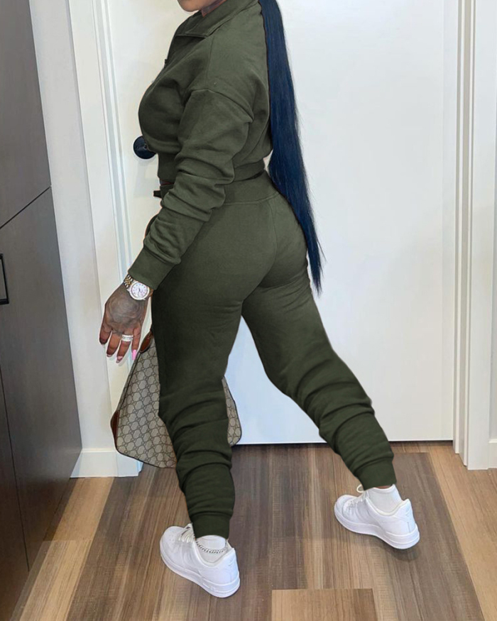 Women Long Sleeve Zipper Neck Casual Pants Sets Two Pieces Outfit Black Beige Army Green Brown S-2XL