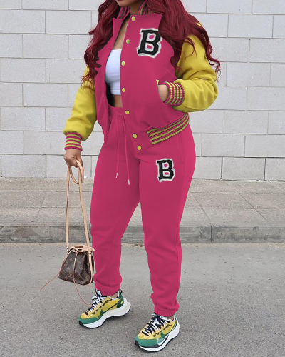 Fashion Colorblock Baseball Jacket Pants Sets Two Pieces Outfit Red Purple Black Green Rosy S-5XL