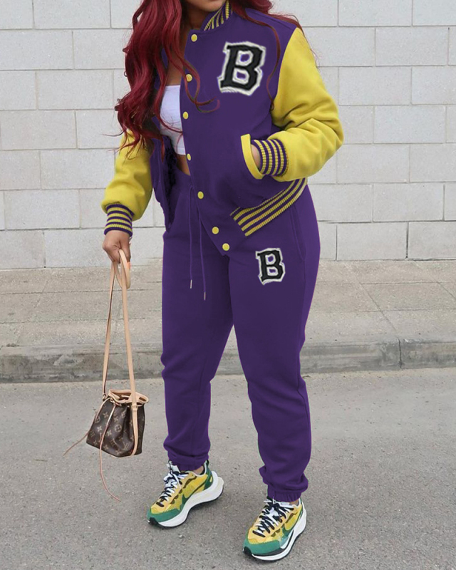 Fashion Colorblock Baseball Jacket Pants Sets Two Pieces Outfit Red Purple Black Green Rosy S-5XL
