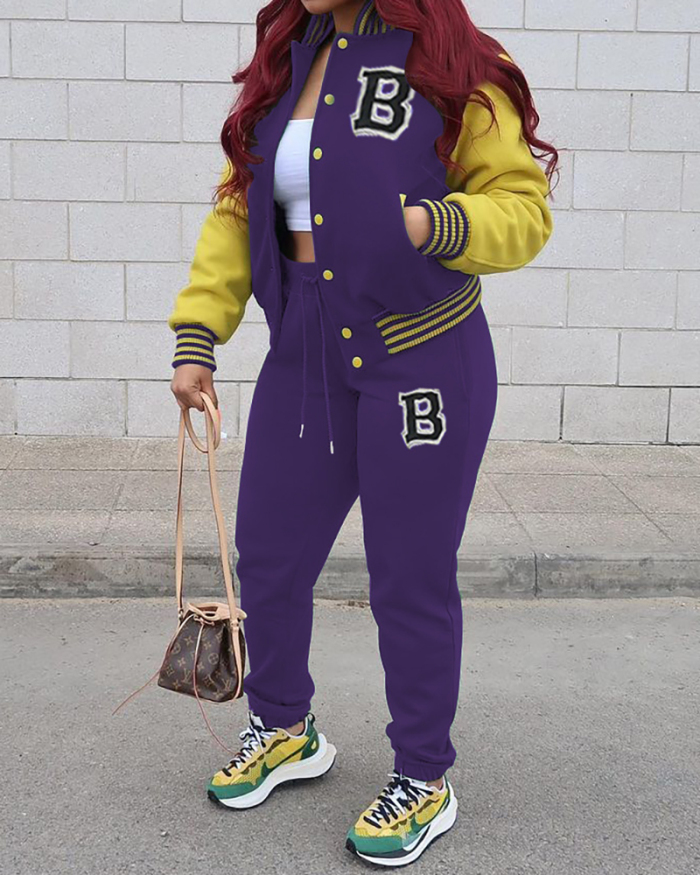 Fashion Colorblock Baseball Jacket Pants Sets Two Pieces Outfit Red Purple Black Green Rosy S-5XL