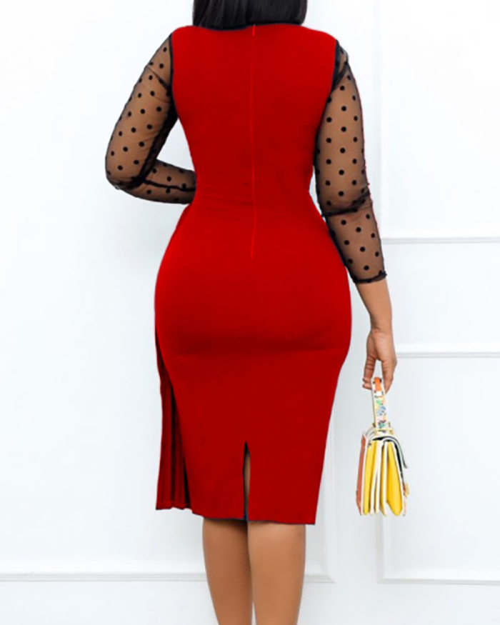 Women Mesh Long Sleeve Stitching Buttock Split Pleated Casual Midi Dresses Red Green Blue S-3XL